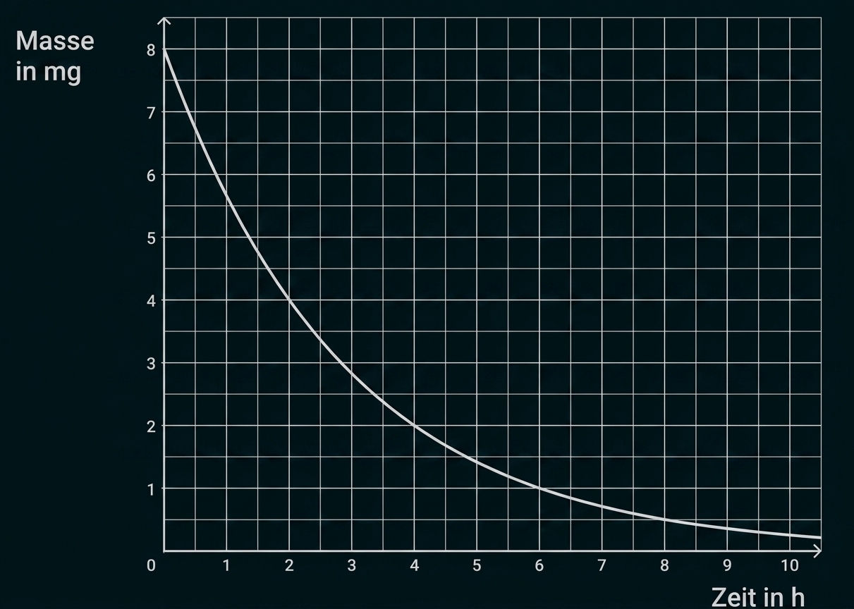 Diagramm mit fallender Kurve: Masse in mg über Zeit in h.